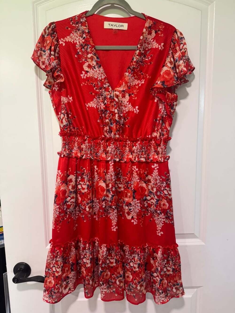 Romantic Red Floral Midi Dress Smocked Waist Flutter Sleeve Women’s 12